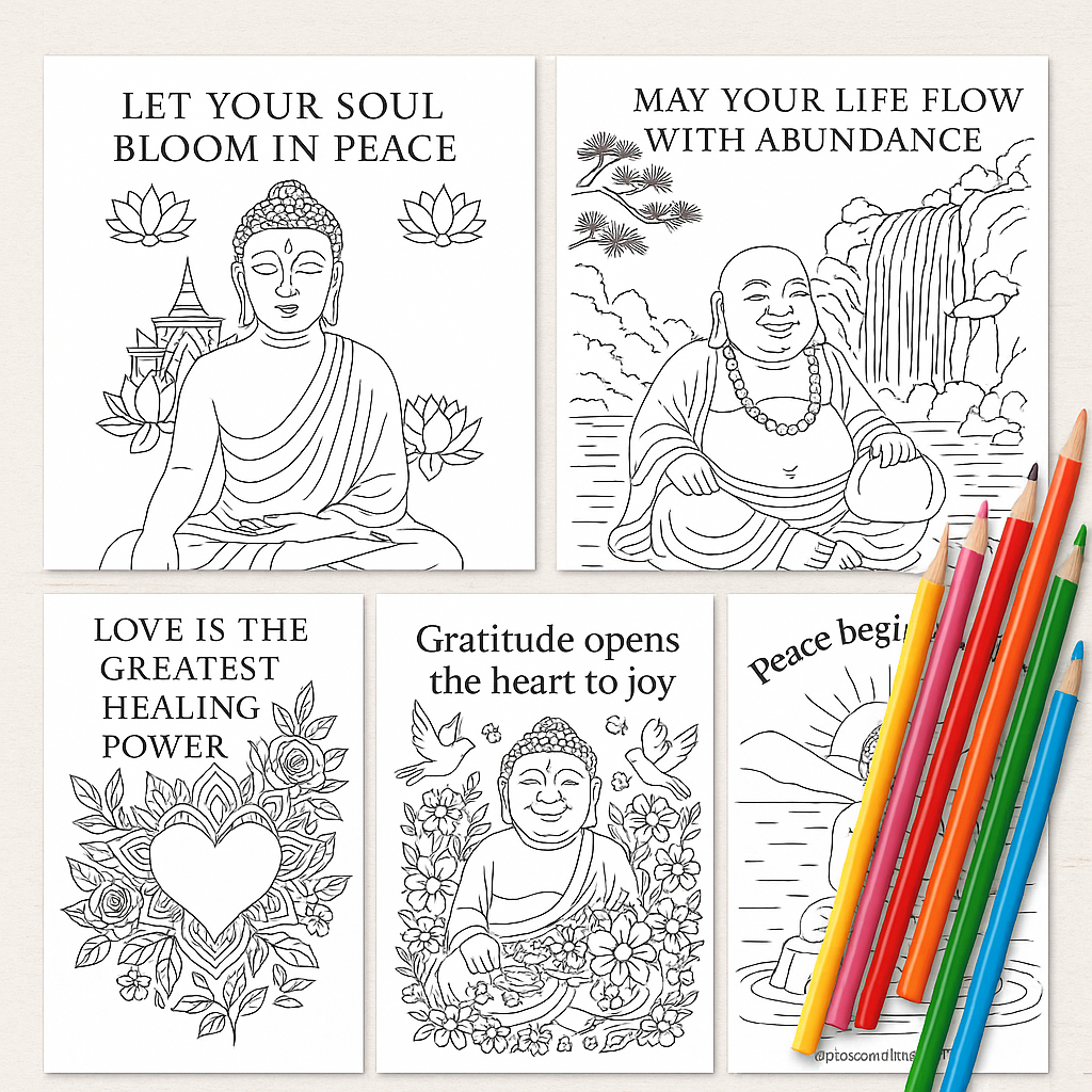 Buddha coloring pages set of 5