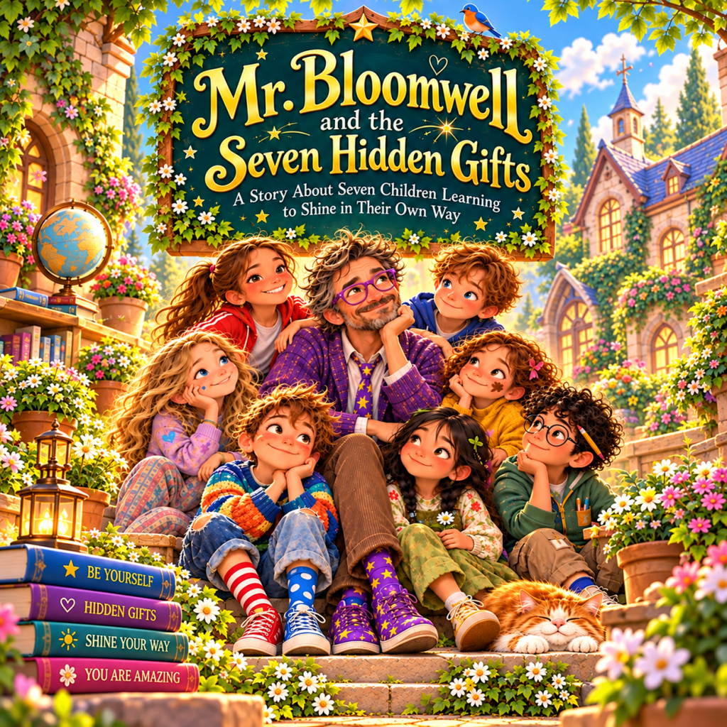 Colorful illustrated cover of Mr. Bloomwell and the Seven Hidden Gifts by Sabine Kuvener, a heartwarming children's book abou