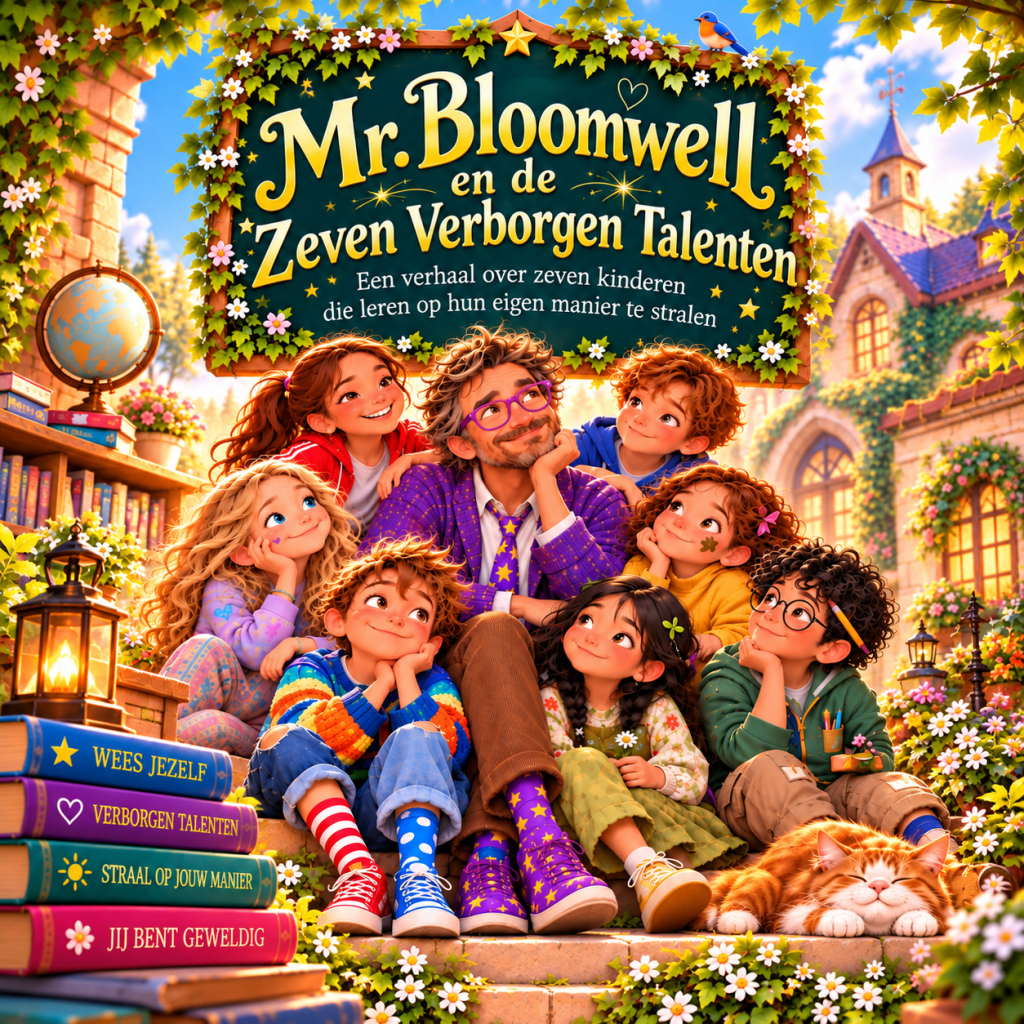 Mr. Bloomwell en de Zeven Verborgen Talenten – kleurrijk Nederlands kinderboek van Sabine Kuvener over zeven kinderen, vriend