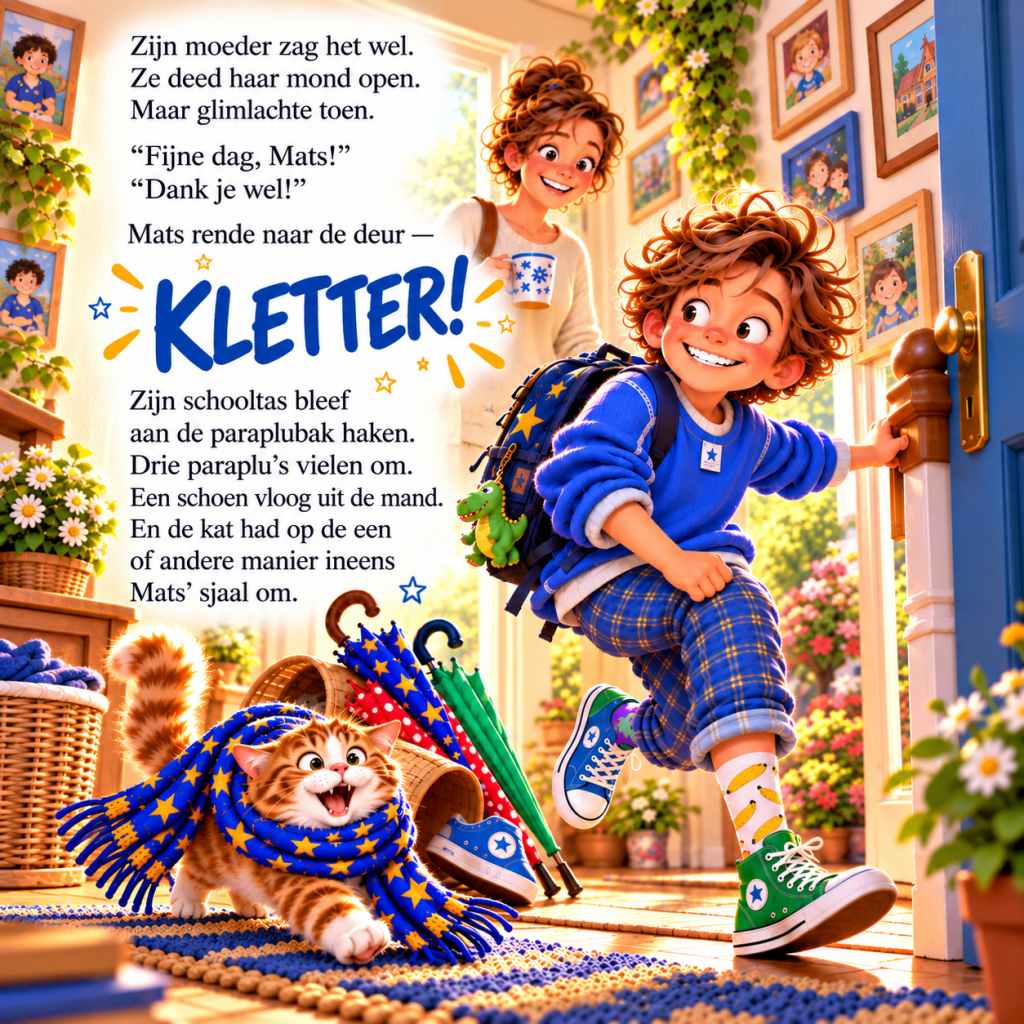 Grappige illustratie uit het Nederlandse kinderboek Mr. Bloomwell. Mats rent naar school terwijl zijn moeder glimlacht en de 