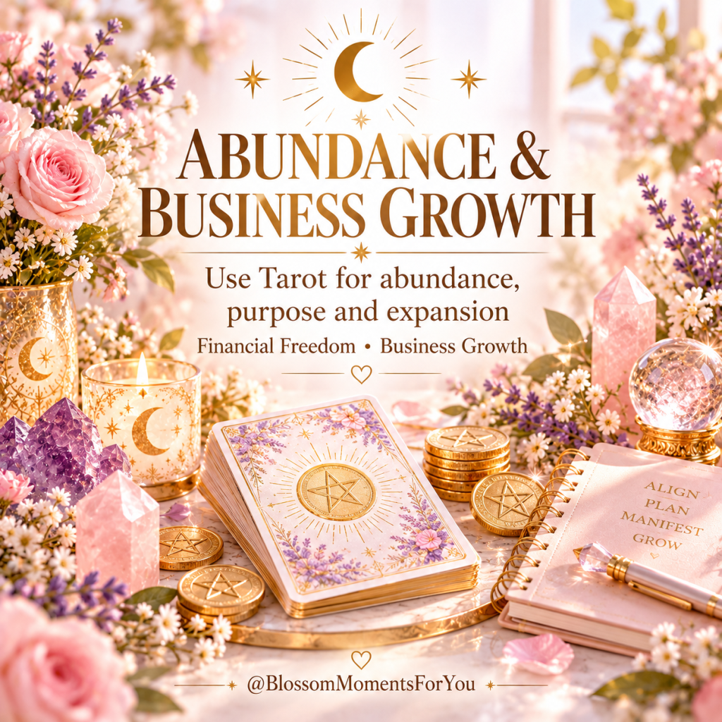 Abundance and Business Growth promotional image with tarot cards, gold coins, crystals, flowers and a luxury pastel manifesta