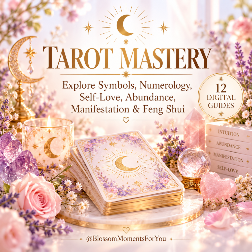 Tarot Mastery cover image with pastel tarot cards, crystals, flowers and gold details, promoting 12 digital guides about symb