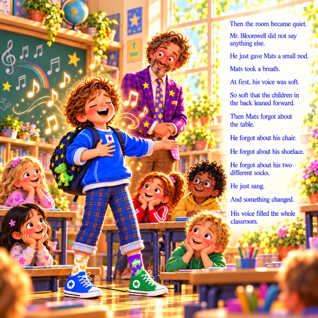 Mats discovers his singing talent with encouragement from Mr. Bloomwell in a colorful classroom scene from the illustrated ch