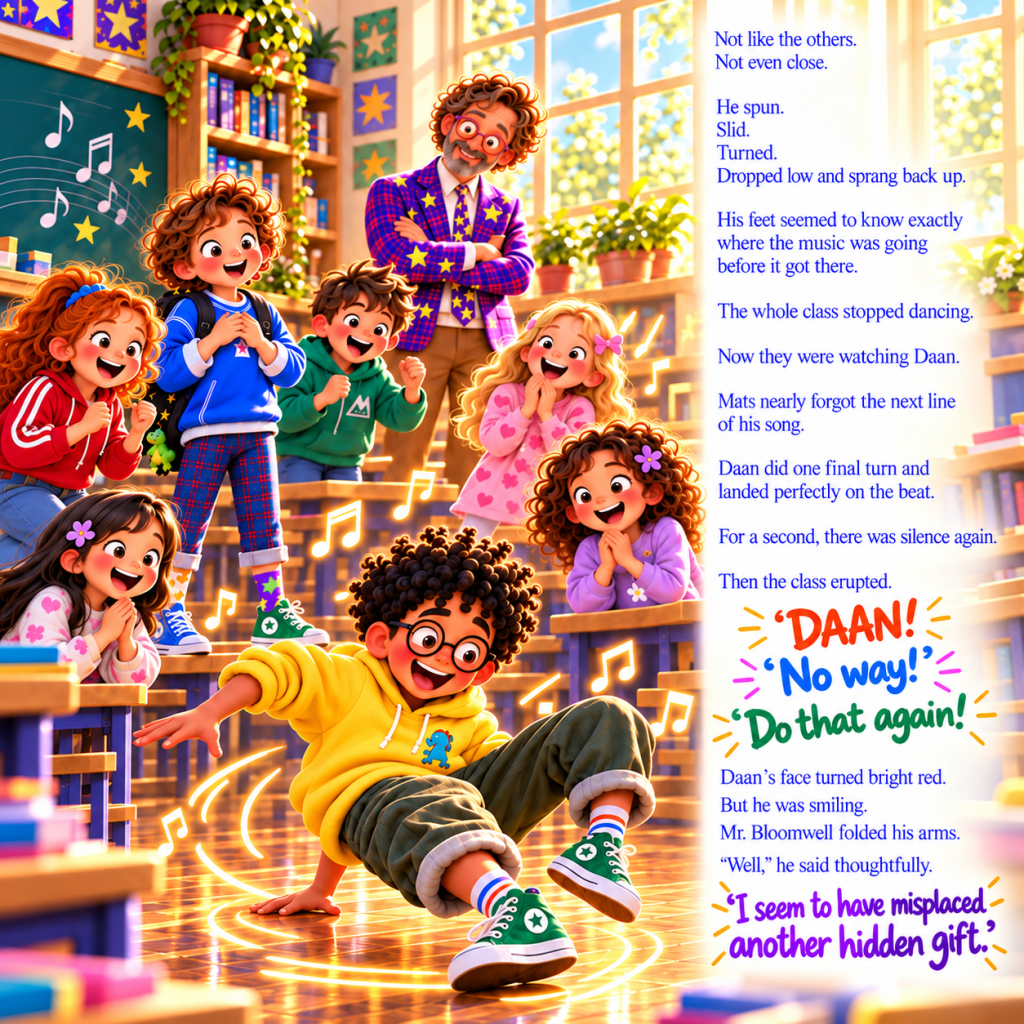 Daan surprises his classmates with his amazing dancing skills in Mr. Bloomwell and the Seven Hidden Gifts, a heartwarming chi