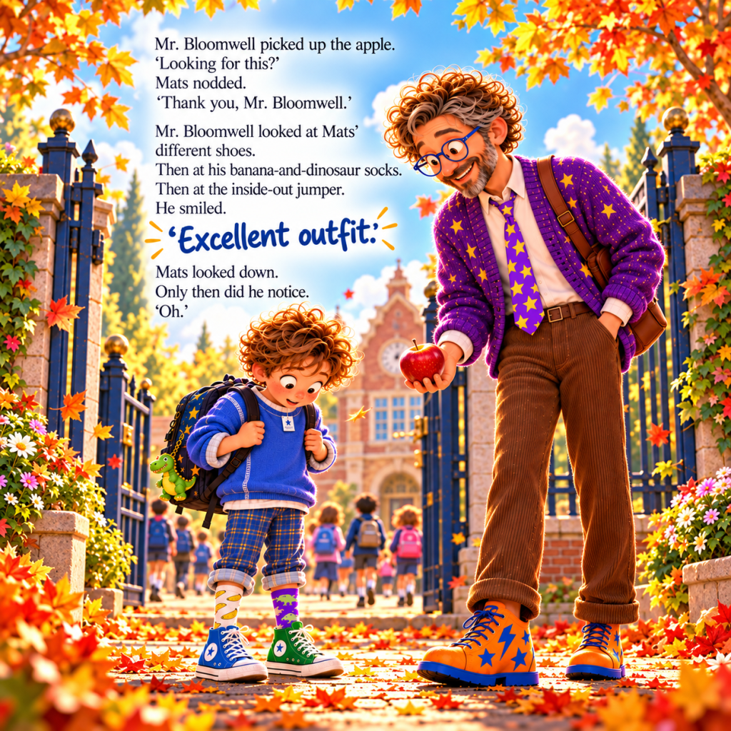 Mr. Bloomwell admires Mats' mismatched shoes and colorful socks outside their school, celebrating individuality and the joy o