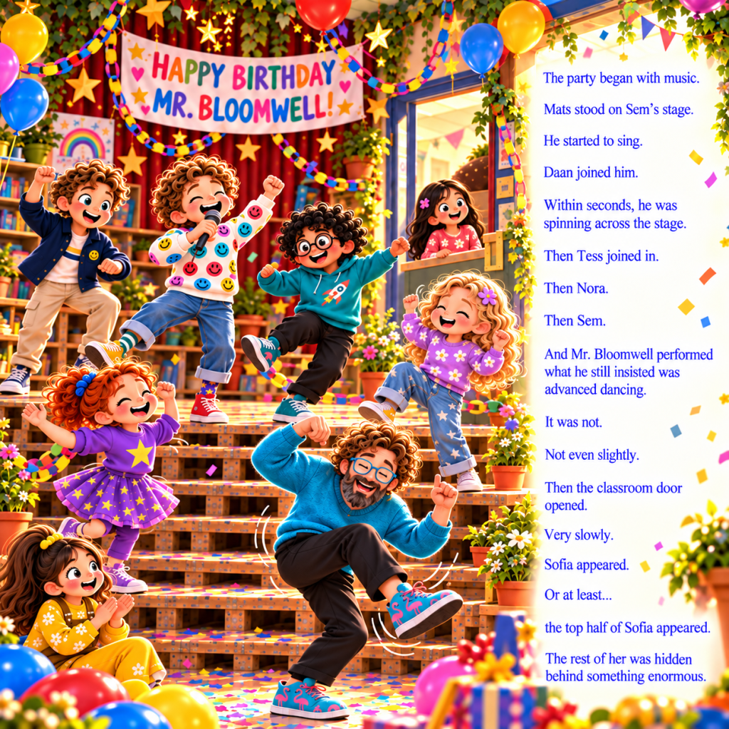 Mr. Bloomwell and his seven students celebrate a surprise birthday party with music, dancing, balloons and laughter in this b