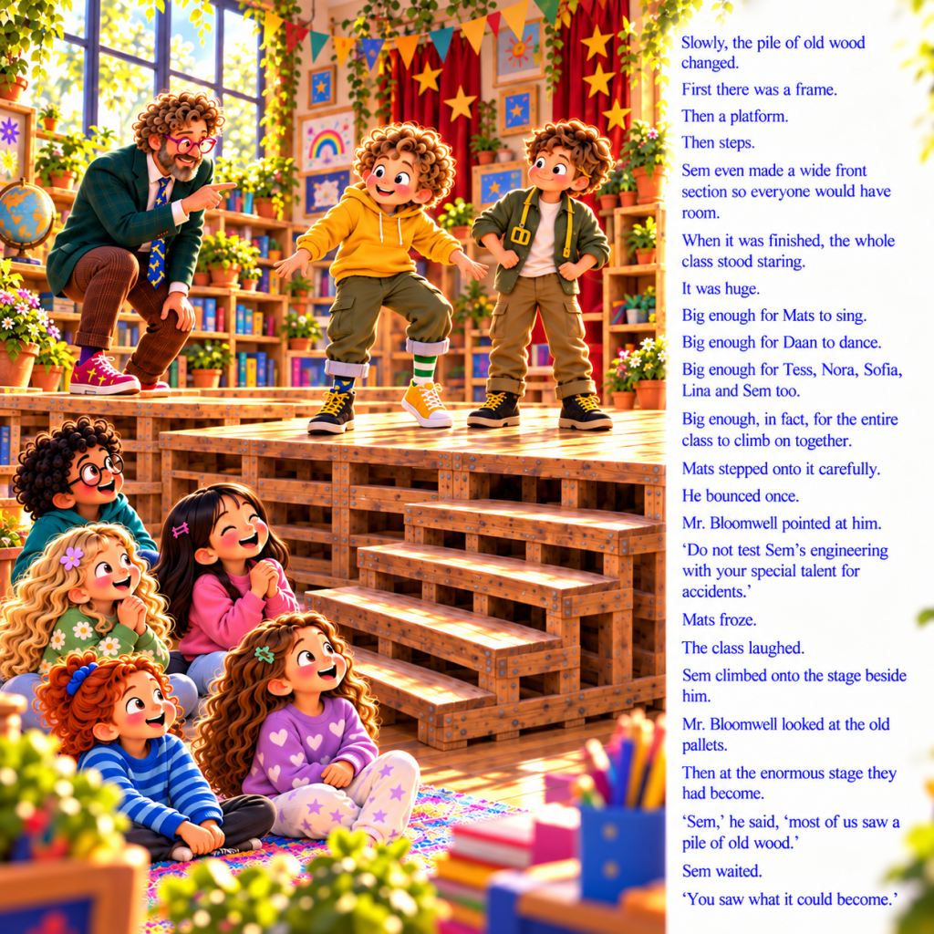 Sem proudly reveals the enormous wooden stage he has built while Mr. Bloomwell and his classmates admire his creativity and e
