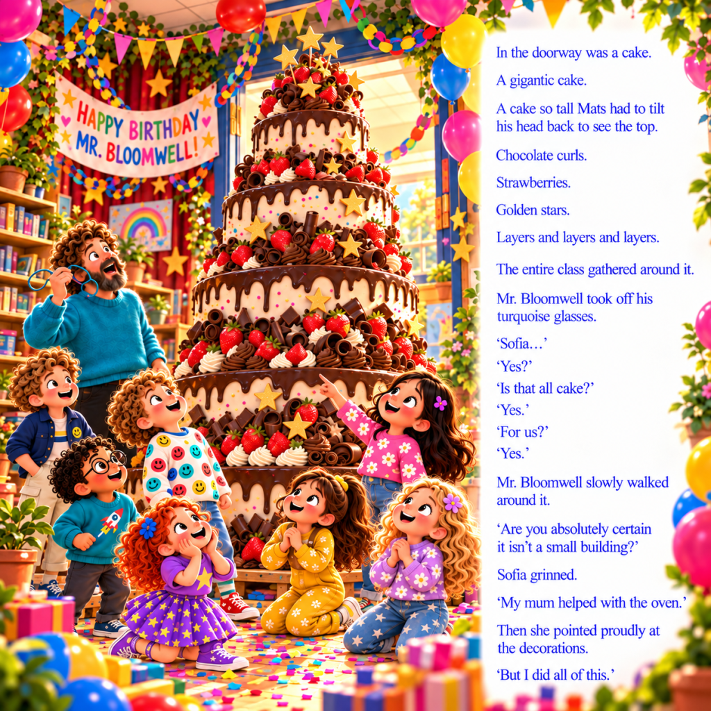 A gigantic chocolate and strawberry birthday cake amazes Mr. Bloomwell and his students, highlighting Sofia's wonderful bakin