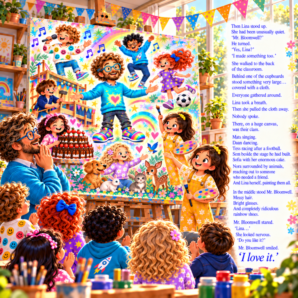 Lina reveals her colorful classroom painting featuring all seven children, their special talents and Mr. Bloomwell wearing ra