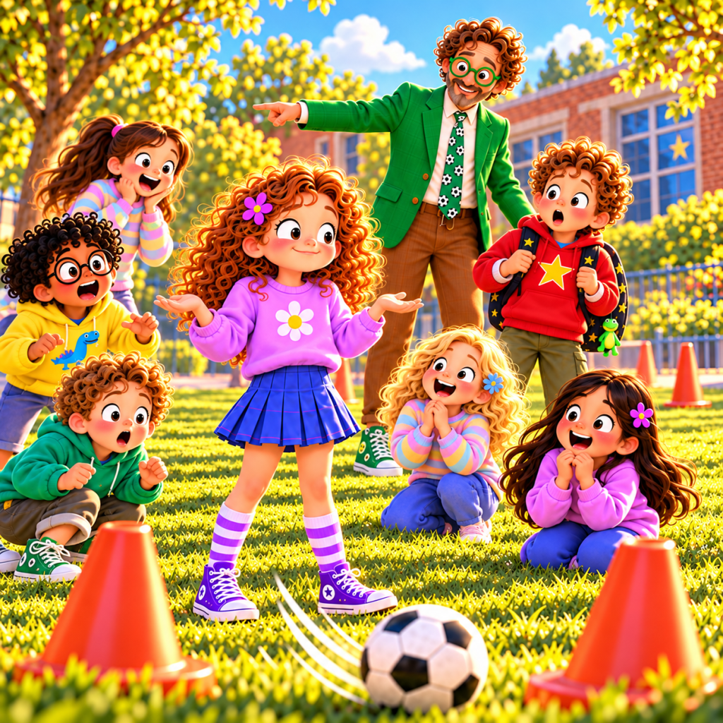 Tess demonstrates her football talent during a fun outdoor school activity while Mr. Bloomwell and her classmates cheer her o