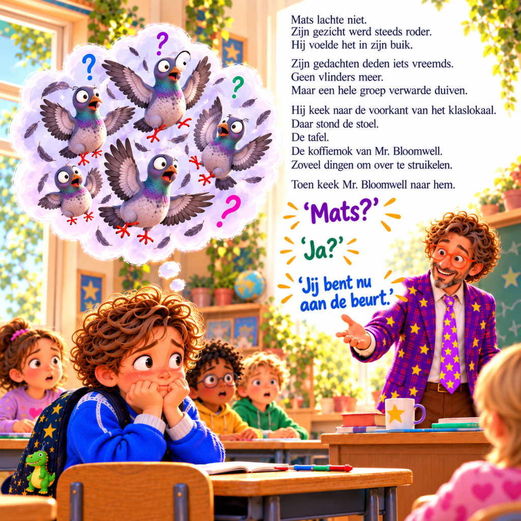 Mats voelt zich zenuwachtig in de klas van Mr. Bloomwell. Een grappige gedachtewolk vol verwarde duiven laat zijn onzekerheid