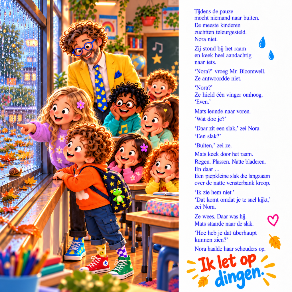 Nora ontdekt een piepkleine slak bij het regenachtige klasraam. Haar klasgenoten kijken nieuwsgierig toe. Een warme illustrat