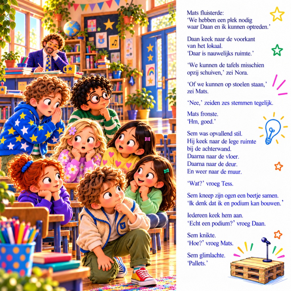 Sem bedenkt hoe hij een podium kan bouwen terwijl zijn klasgenoten ideeën bespreken. Illustratie uit Mr. Bloomwell en de Zeve