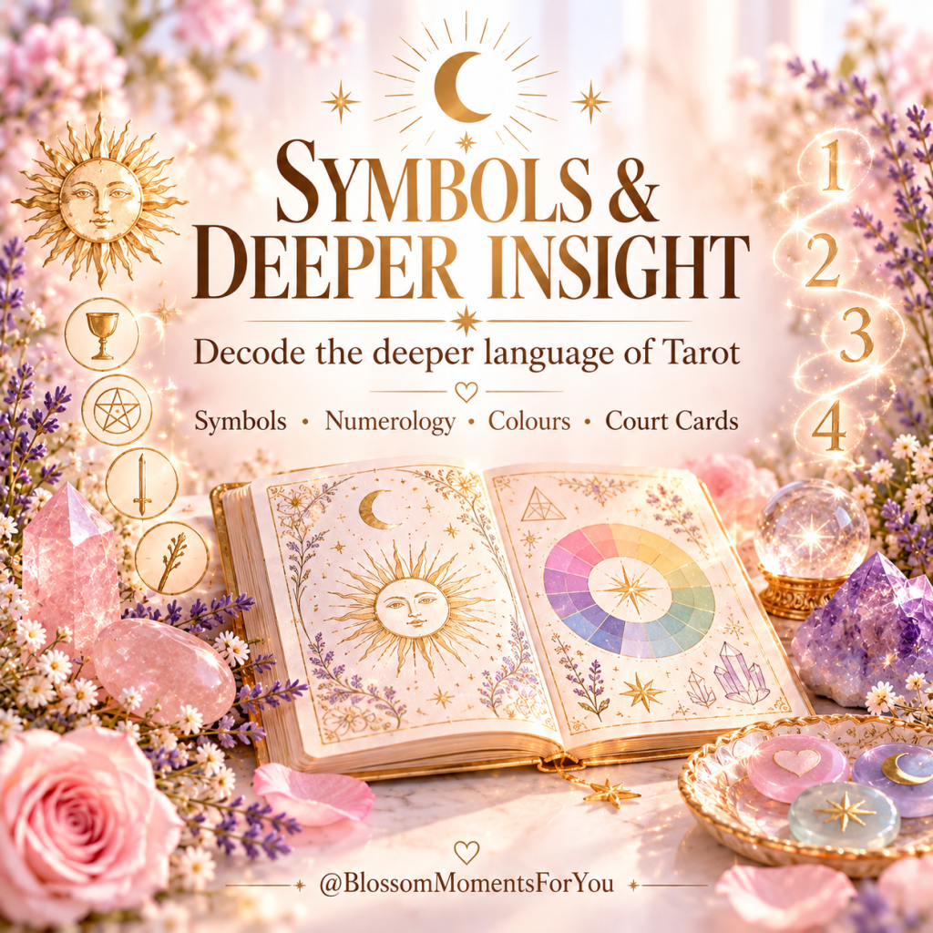 Symbols and Deeper Insight promotional image with an open mystical book, symbolic illustrations, numerology references, cryst