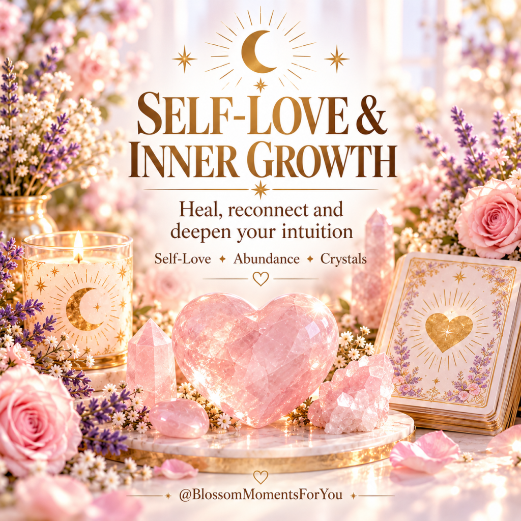 Self-Love and Inner Growth promotional image with rose quartz crystals, a heart-shaped crystal, flowers, candlelight and soft