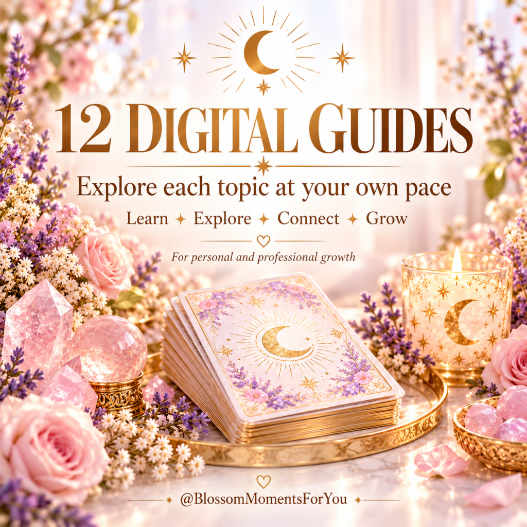 12 Digital Guides promotional image with tarot cards, crystals, candlelight and pastel floral styling, inviting visitors to e