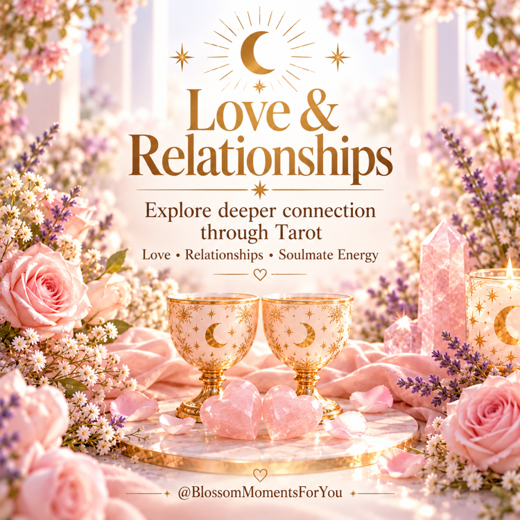 Love and Relationships promotional image with pink roses, crystal hearts, two golden cups and a romantic pastel spiritual des