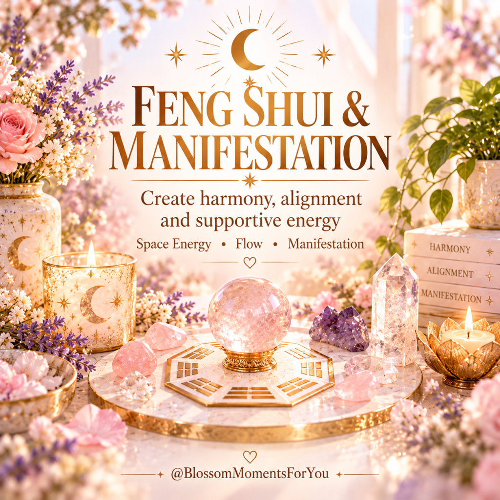 Feng Shui and Manifestation promotional image with crystals, candles, flowers, a Feng Shui layout and a soft pastel spiritual